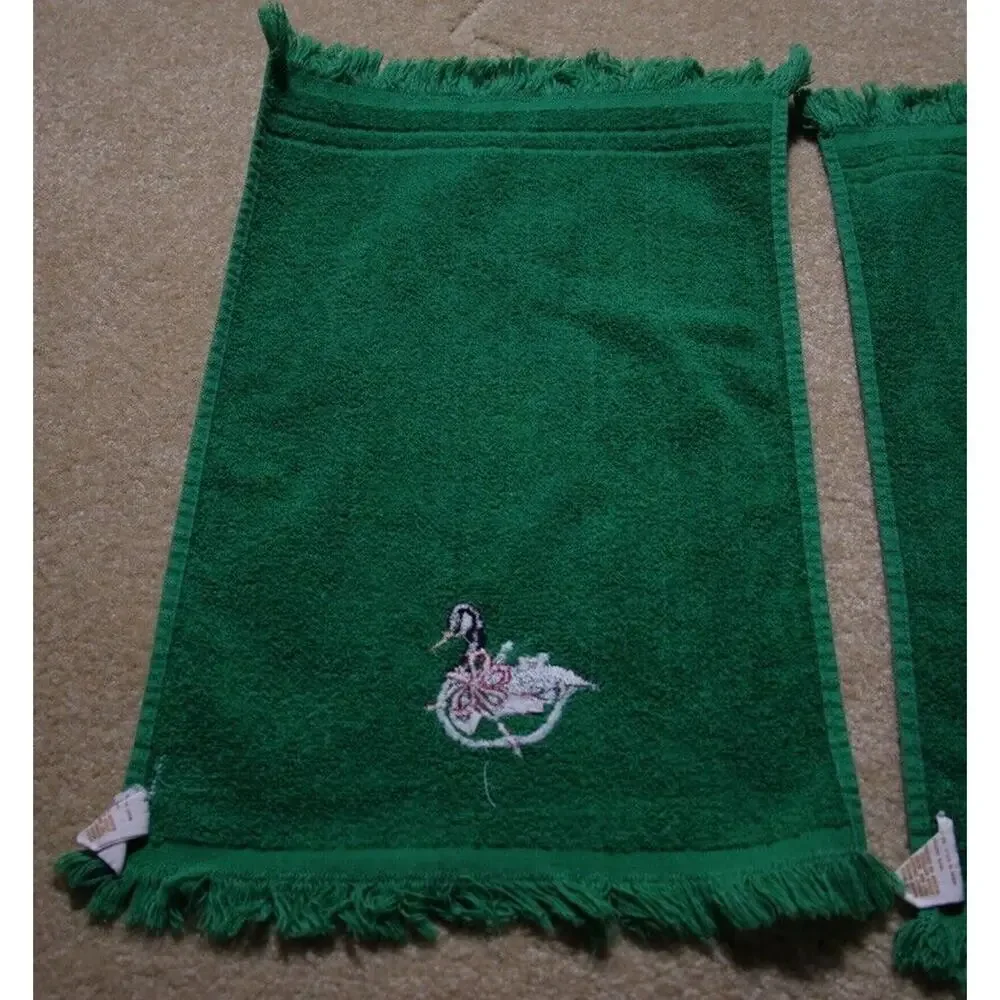 Hand Towel Lot (2) Christmas Green Goose Fringe R.A. Briggs Vintage